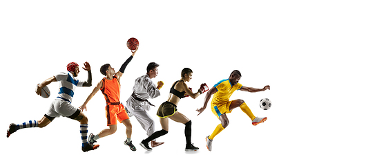 Image showing Young and emotional sportsmen running and jumping on white background, flyer with copyspace