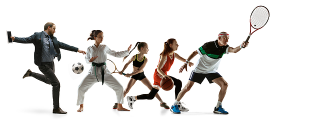 Image showing Young and emotional sportsmen running and jumping on white background, flyer with copyspace