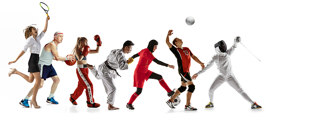 Image showing Young and emotional sportsmen running and jumping on white background, flyer with copyspace