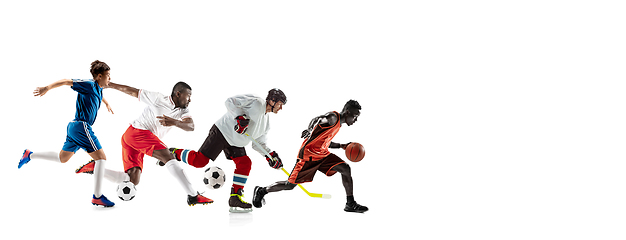 Image showing Young and emotional sportsmen running and jumping on white background, flyer with copyspace