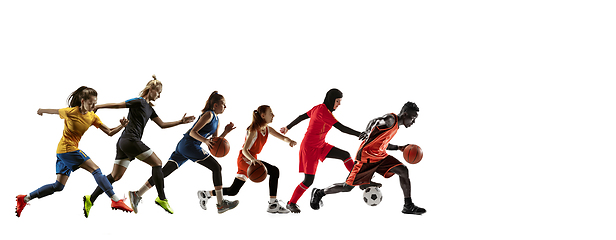 Image showing Young and emotional sportsmen running and jumping on white background, flyer with copyspace