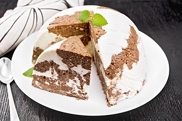 Image showing Dessert of curd and chocolate on wooden board