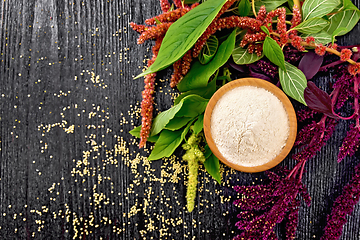 Image showing Flour amaranth in bowl and oil on board top