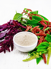 Image showing Flour amaranth in bowl on wooden board