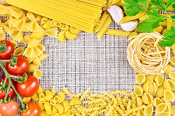 Image showing Frame of pasta on coarse woven fabric