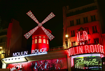 Image showing View of the Moulin Rouge (Red Mill) at night in Paris, France