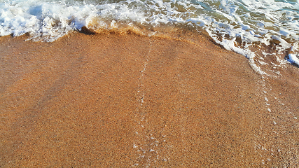 Image showing Sandy beach background with white foam of sea wave