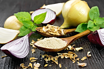 Image showing Onion powder and flakes in spoons on board