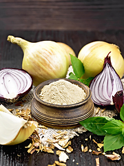 Image showing Onion powder in bowl on board