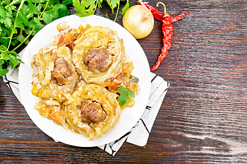 Image showing Pasta with meatballs in plate on board top