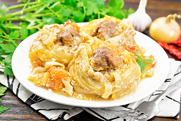 Image showing Pasta with meatballs in plate on table