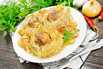 Image showing Pasta with meatballs in plate on towel