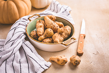 Image showing Raw topinambour with pumpkins in bowl on kitchen table