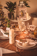 Image showing Festive Christmas table in golden tone