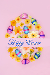 Image showing Abstract Happy Easter Egg Shape with Eggs and Flowers