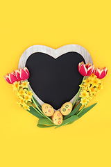 Image showing Easter Heart Shaped Frame with Eggs and Spring Flowers 