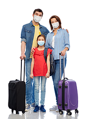 Image showing family in medical masks with travel bags