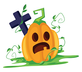 Image showing Scared orange pumpkin with blue cross on white background vector