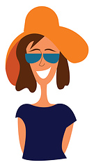 Image showing Portrait of a girl in blue shirt with big brown hat and sunglass