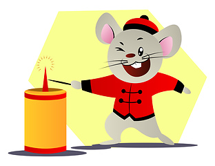 Image showing Happy mouse in red suit lightning a candle vector illustration o