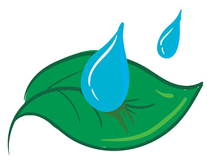 Image showing Clipart of two water drops falling on a green leaf vector or col