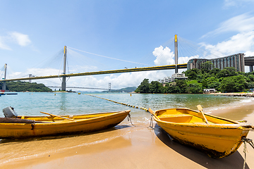 Image showing Ting Kau bridge and boat