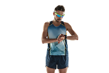 Image showing Triathlon male athlete running isolated on white studio background