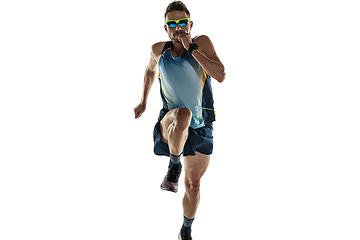 Image showing Triathlon male athlete running isolated on white studio background