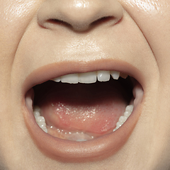 Image showing Close-up female mouth with natural nude gloss lips make-up. Cosmetology, dentistry and beauty care, emotions