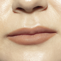 Image showing Close-up female mouth with natural nude gloss lips make-up. Cosmetology, dentistry and beauty care, emotions