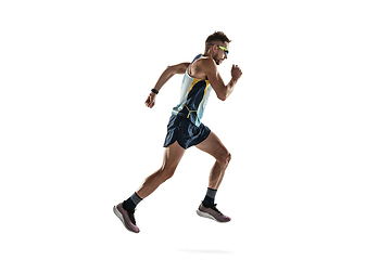 Image showing Triathlon male athlete running isolated on white studio background