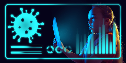 Image showing Girl using interface modern technology and digital layer effect as information of coronavirus pandemic spread