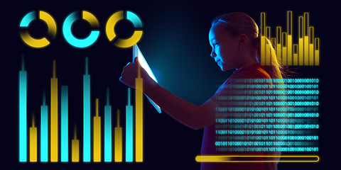 Image showing Girl using interface modern technology and digital layer effect as business, finance, economics strategy concept