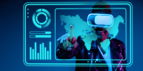 Image showing Woman using interface modern technology and digital layer effect, VR-headset as business, finance, economics strategy concept