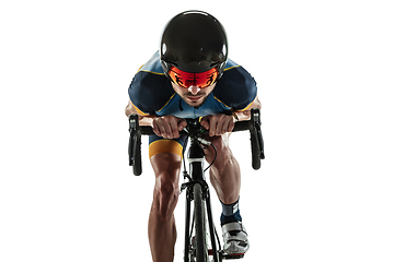 Image showing Triathlon male athlete cycle training isolated on white studio background