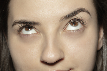 Image showing Close up of face of beautiful caucasian young woman, focus on eyes