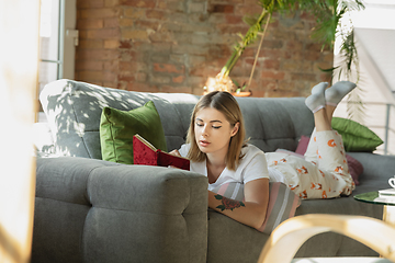 Image showing Caucasian woman, freelancer during the work in home office while quarantine