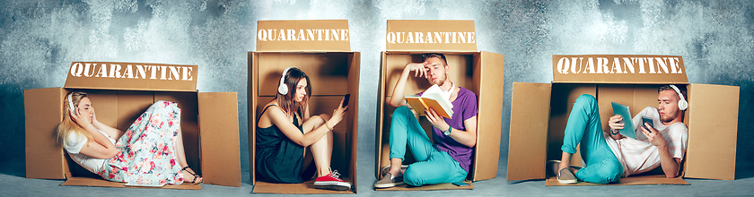 Image showing People at quarantine because of coronavirus spreading - sitting inside little boxes, staying home concept