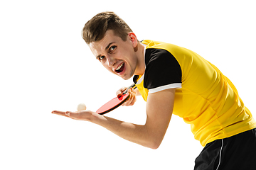 Image showing Funny emotions of professional tablet tennis player isolated on white studio background, excitement in game