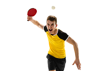 Image showing Funny emotions of professional tablet tennis player isolated on white studio background, excitement in game