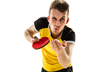 Image showing Funny emotions of professional tablet tennis player isolated on white studio background, excitement in game