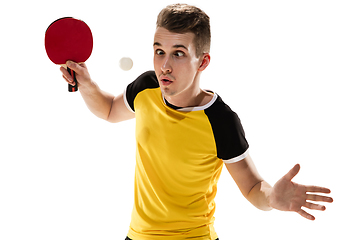 Image showing Funny emotions of professional tablet tennis player isolated on white studio background, excitement in game