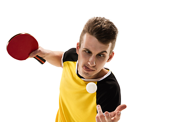 Image showing Funny emotions of professional tablet tennis player isolated on white studio background, excitement in game