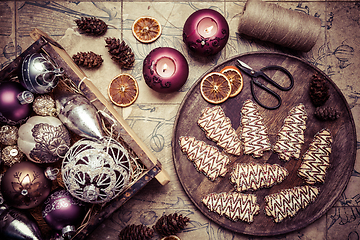 Image showing Christmas cookies in tree shape with ornaments in vintage style