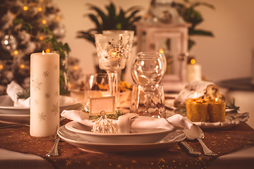 Image showing Festive Christmas table in golden tone