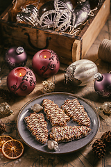 Image showing Christmas cookies in tree shape with ornaments in vintage style