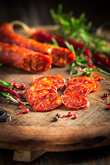 Image showing Red Spanish chorizo sausage with herbs and spices 