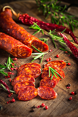 Image showing Red Spanish chorizo sausage with herbs and spices 