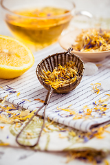 Image showing Herbal tea with infuser and cupe of tea