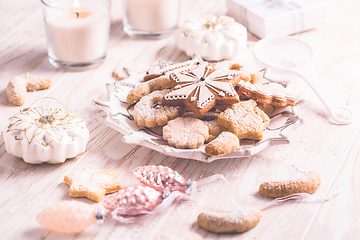 Image showing Homemade Christmas gingerbread and cookies with Christmas balls 